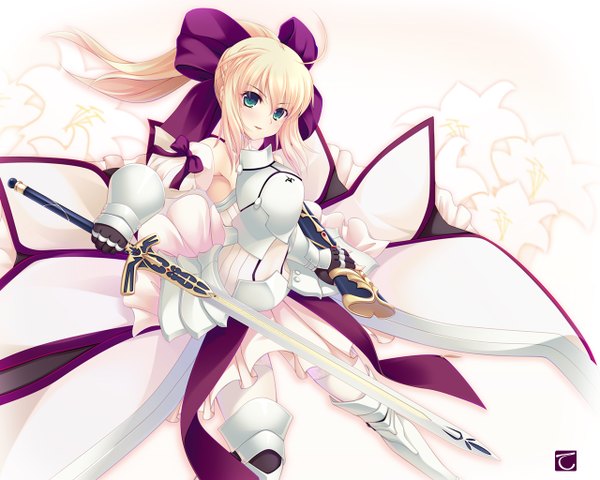 Anime picture 1280x1024 with fate (series) fate/stay night studio deen type-moon artoria pendragon (all) saber saber lily tebukuro single long hair blonde hair green eyes ahoge ponytail armpit (armpits) girl dress gloves weapon detached sleeves