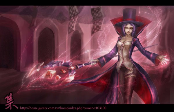 Anime picture 1242x800 with league of legends emilia leblanc foliage (artist) single looking at viewer short hair yellow eyes purple hair lips girl thighhighs black thighhighs garter straps staff top hat