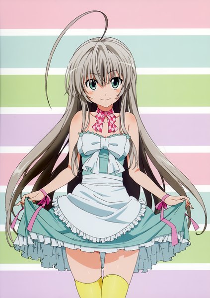 Anime picture 1967x2792 with haiyore! nyaruko-san nyaruko single long hair tall image blush highres blue eyes smile silver hair ahoge girl thighhighs dress ribbon (ribbons)