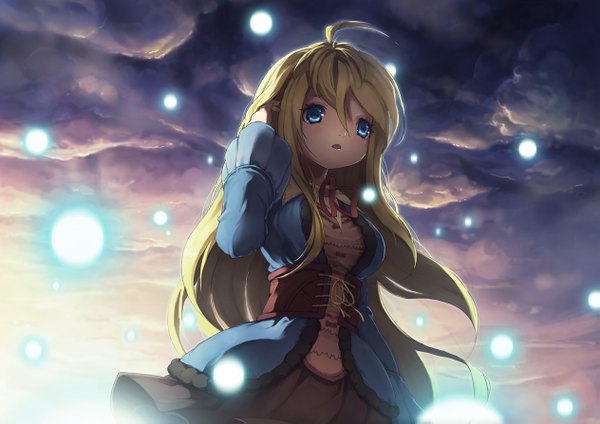 Anime picture 1263x893 with original armais (me-chan337) single long hair open mouth blue eyes blonde hair cloud (clouds) girl dress