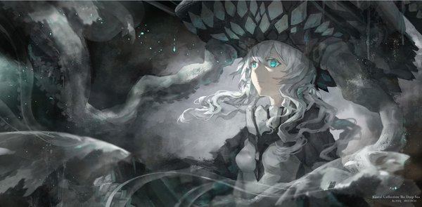 Anime picture 1610x792 with kantai collection wo-class aircraft carrier zxq single long hair fringe breasts wide image looking away aqua eyes grey hair lens flare dark background shinkaisei-kan girl monster