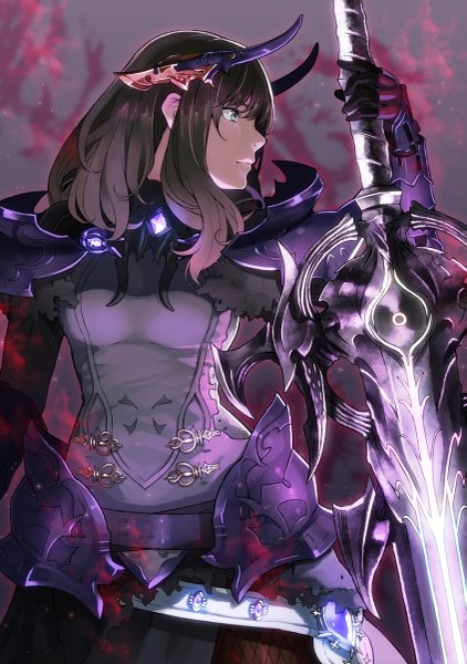 Anime picture 845x1200 with final fantasy final fantasy xiv square enix hyur dark knight (fft) retsuna single long hair tall image fringe blue eyes brown hair holding payot looking away blunt bangs profile multicolored hair horn (horns) lips