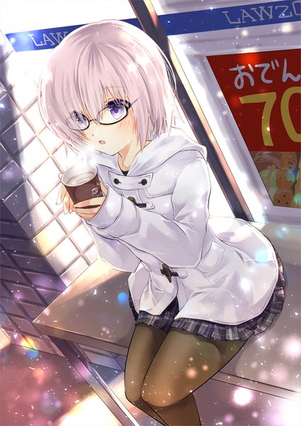 Anime picture 1000x1414 with fate (series) fate/grand order mash kyrielight iroha (shiki) single tall image blush fringe short hair open mouth sitting purple eyes holding pink hair long sleeves pleated skirt from above hair over one eye dutch angle official alternate costume