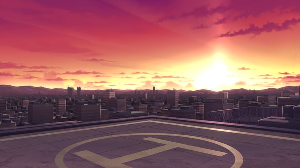 Anime picture 2560x1440 with shirogane otome kamiya tomoe highres wide image game cg sky cloud (clouds) city evening sunset landscape building (buildings) sun