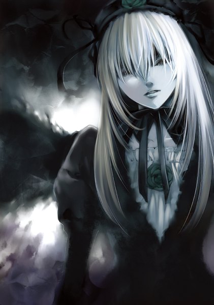 Anime picture 701x1000 with rozen maiden suigintou kiyohara hiro single long hair tall image looking at viewer fringe hair between eyes white hair parted lips head tilt lips blurry puffy sleeves monochrome black wings expressionless hair over eyes gothic