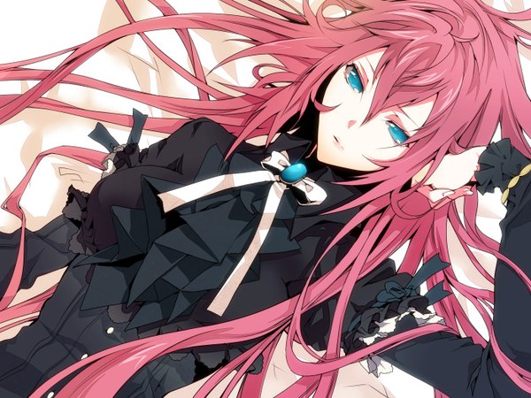 Anime picture 1400x1050 with vocaloid megurine luka manyako (mohumohu) single long hair blue eyes pink hair lying gothic girl dress frills brooch