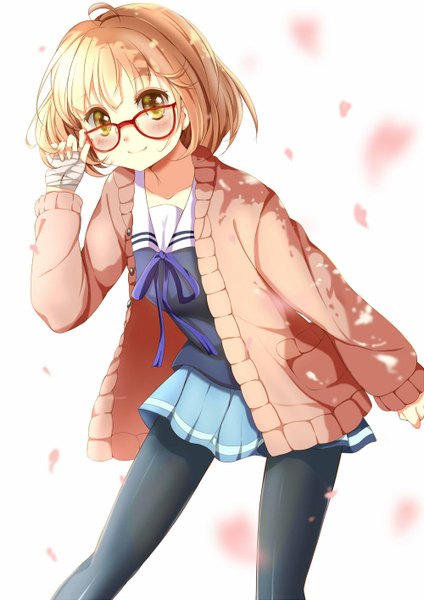 Anime picture 1000x1414 with kyoukai no kanata kyoto animation kuriyama mirai single tall image blush short hair simple background blonde hair smile white background yellow eyes girl skirt petals pantyhose glasses black pantyhose sweater bandage (bandages)