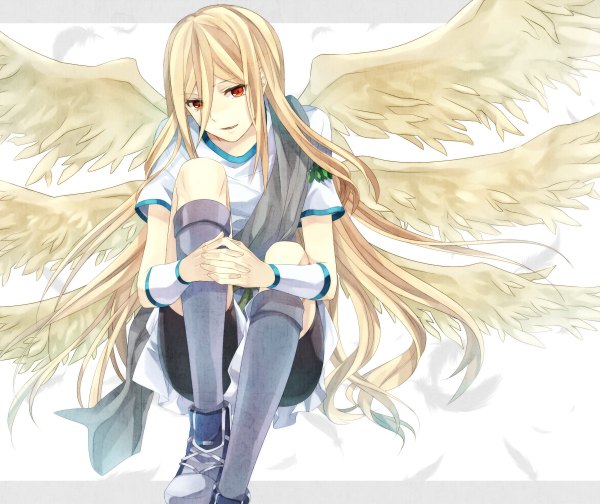 Anime picture 1200x1008 with inazuma eleven afuro terumi washi (micino) long hair looking at viewer simple background blonde hair red eyes white background sitting otoko no ko boy uniform wings feather (feathers) gym uniform wristlet