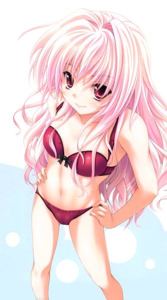 Anime picture 3540x6359 with original miyama zero single long hair tall image blush highres smile red eyes standing pink hair absurdres scan wavy hair girl swimsuit bikini