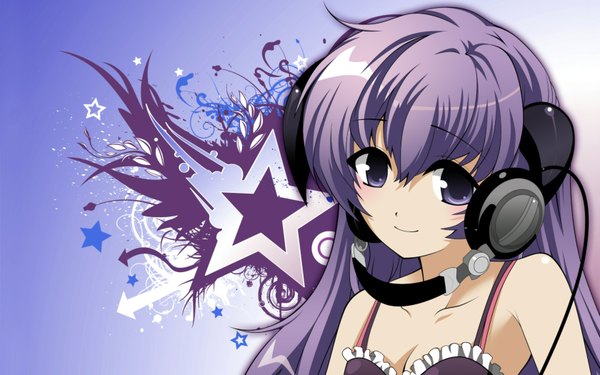 Anime picture 1680x1050 with higurashi no naku koro ni studio deen hanyuu highres wide image purple eyes purple hair horn (horns) wallpaper headphones star (symbol)