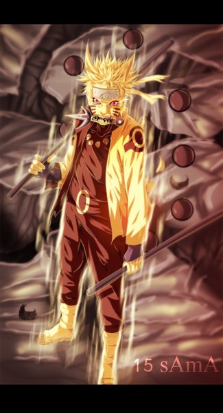 Anime picture 700x1291 with naruto studio pierrot naruto (series) uzumaki naruto sama15 single tall image short hair blonde hair red eyes holding from above coloring mouth hold magic glowing dual wielding jinchuriki boy weapon