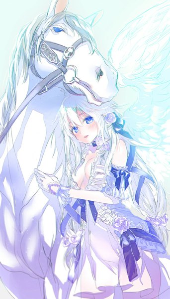 Anime picture 480x840 with shinsou!! valkyrie card didi amen long hair tall image looking at viewer blush breasts blue eyes large breasts standing bare shoulders sky white hair parted lips girl dress gloves flower (flowers) ribbon (ribbons) bow