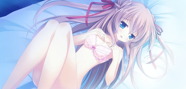 Anime picture 2250x1080 with shiro no pikapika ohoshi-sama p19 single long hair looking at viewer blush highres open mouth blue eyes light erotic brown hair wide image game cg bent knee (knees) lying on back hair bun (hair buns) underwear only girl underwear