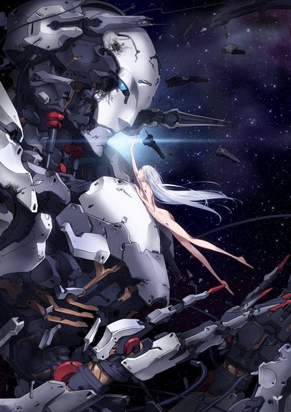 Anime picture 768x1086 with original wayjilam (artist) single long hair tall image light erotic white hair outstretched arm space broken girl star (stars) wire (wires) robot