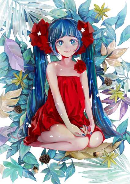 Anime picture 1000x1412 with vocaloid hatsune miku ggoorri single long hair tall image looking at viewer fringe blue eyes smile sitting bare shoulders blue hair nail polish barefoot fingernails bare legs alternate costume kneeling seiza