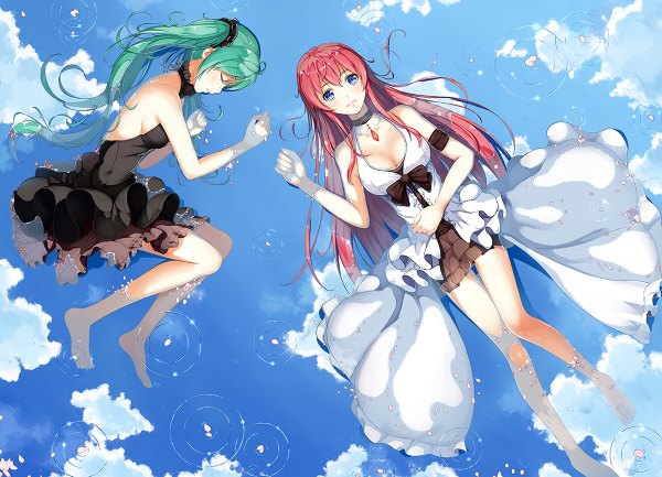 Anime picture 1200x866 with vocaloid hatsune miku megurine luka liu guniang long hair looking at viewer blush fringe breasts blue eyes twintails bare shoulders multiple girls pink hair sky cleavage cloud (clouds) lying eyes closed parted lips