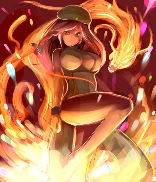 Anime picture 1200x1400 with touhou hong meiling dearmybrothers single long hair tall image fringe red eyes green eyes looking away braid (braids) barefoot legs girl hat fire