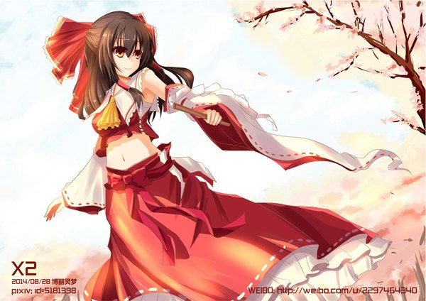 Anime picture 1123x794 with touhou hakurei reimu x2 gmx2 single long hair black hair smile red eyes looking away traditional clothes inscription midriff cherry blossoms miko girl skirt navel bow plant (plants)
