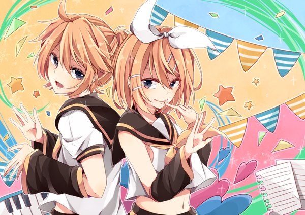 Anime picture 3541x2507 with vocaloid kagamine rin kagamine len mikan bocchi looking at viewer highres short hair open mouth blue eyes blonde hair smile absurdres finger to mouth twins back to back brother and sister girl boy navel hair ornament