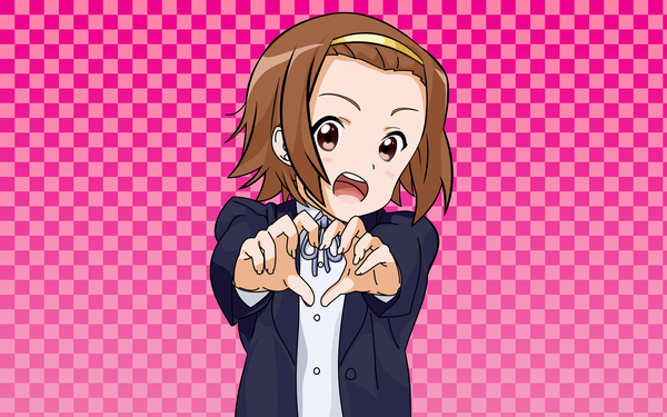Anime picture 4528x2830 with k-on! kyoto animation tainaka ritsu single highres short hair open mouth brown hair wide image brown eyes pink background vector checkered checkered background heart hands girl uniform school uniform headband