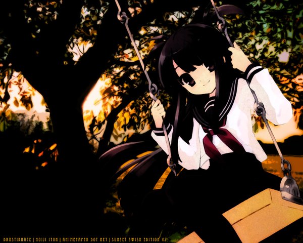 Anime picture 1280x1024 with original itou noiji drastikhate single long hair looking at viewer black hair smile sitting signed outdoors wallpaper third-party edit girl plant (plants) pantyhose tree (trees) black pantyhose swing