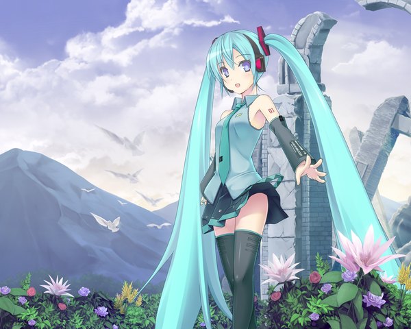 Anime picture 1280x1024 with vocaloid hatsune miku ihara asta long hair blush blue eyes twintails sky cloud (clouds) very long hair aqua eyes zettai ryouiki mountain girl thighhighs skirt flower (flowers) black thighhighs detached sleeves animal