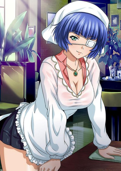 Anime picture 640x903 with ikkitousen ryomou shimei single tall image looking at viewer short hair blue eyes blue hair mole mole under mouth girl skirt plant (plants) miniskirt pendant apron eyepatch