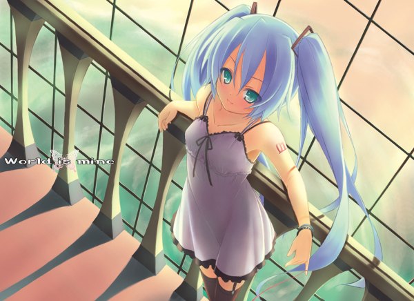 Anime picture 1200x872 with vocaloid world is mine (vocaloid) hatsune miku single long hair looking at viewer fringe standing twintails aqua eyes aqua hair tattoo alternate costume looking up girl thighhighs black thighhighs sundress