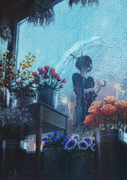 Anime picture 800x1132 with original tamaki (tamaki illust) single tall image short hair black hair holding signed indoors transparent umbrella against glass girl flower (flowers) rose (roses) umbrella table red rose bucket