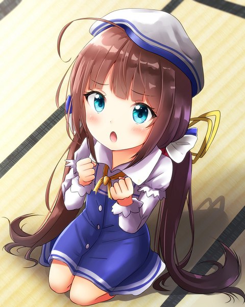 Anime picture 1200x1500 with ryuuou no oshigoto! hinatsuru ai renka (cloudsaikou) single long hair tall image blush fringe open mouth blue eyes brown hair sitting twintails payot full body ahoge indoors long sleeves from above shadow