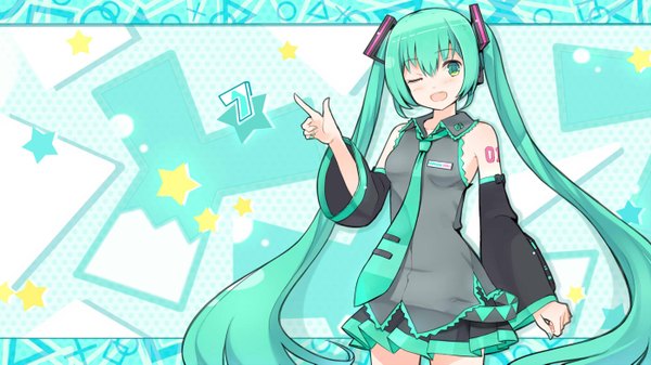 Anime picture 1400x787 with vocaloid hatsune miku jojofon single looking at viewer open mouth wide image twintails very long hair nail polish one eye closed aqua eyes wink aqua hair wallpaper aqua nail polish girl detached sleeves