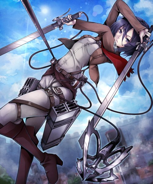 Anime picture 1000x1200 with shingeki no kyojin production i.g mikasa ackerman pokimari single tall image short hair black hair holding black eyes open clothes open jacket dual wielding girl weapon sword boots belt scarf thigh strap
