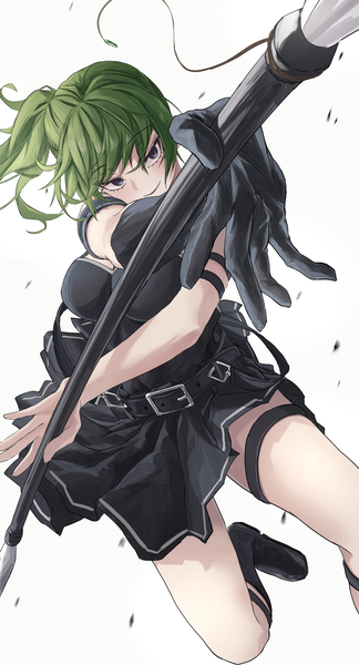Anime picture 2152x3989 with sousou no frieren ubel (sousou no frieren) muginosa single long hair tall image highres simple background white background purple eyes looking away green hair side ponytail girl dress weapon belt black dress single glove spear