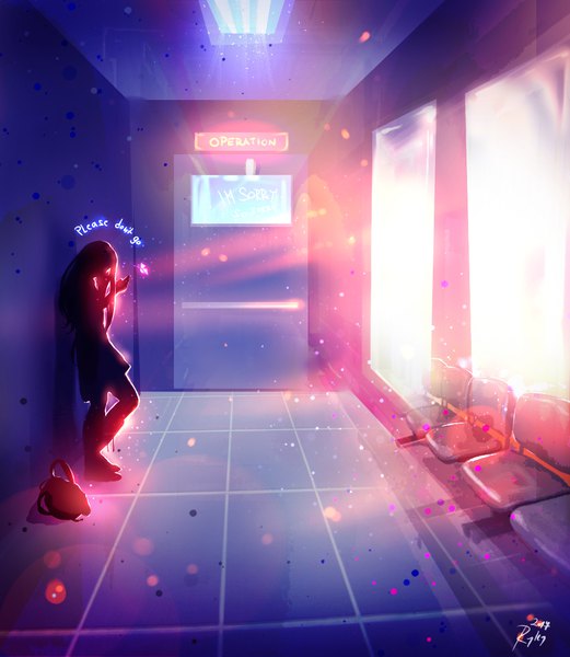 Anime picture 931x1072 with original ryky single long hair tall image standing signed full body bent knee (knees) indoors profile sunlight inscription text lens flare english silhouette against wall dust 2017