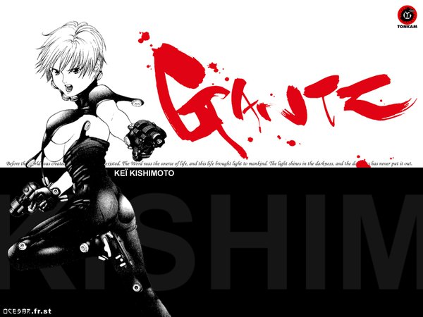Anime picture 1600x1200 with gantz gonzo kishimoto kei short hair breasts open mouth light erotic large breasts looking back monochrome girl weapon gun