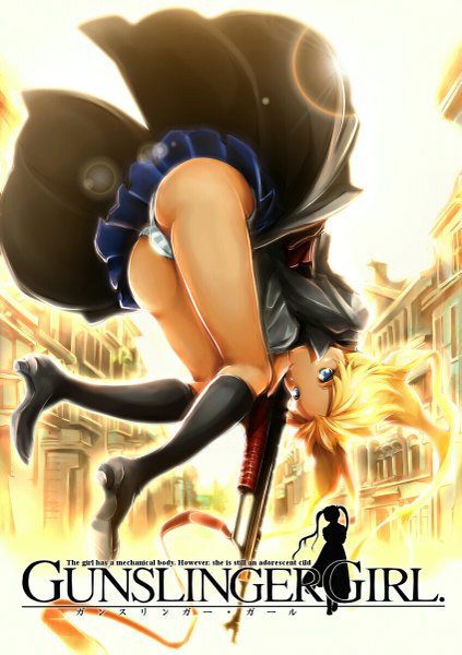 Anime picture 847x1200 with gunslinger girl madhouse triela usama single long hair tall image looking at viewer highres blue eyes light erotic blonde hair twintails sunlight high heels dark skin city light cityscape jumping