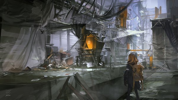 Anime picture 1300x736 with lm7 (op-center) single long hair blonde hair wide image looking away scenic girl jacket pants backpack scene machine