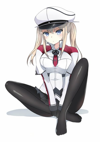 Anime picture 600x848 with kantai collection graf zeppelin (kantai collection) kaetzchen single long hair tall image looking at viewer blush breasts blue eyes light erotic blonde hair simple background large breasts white background sitting twintails pleated skirt shadow between legs