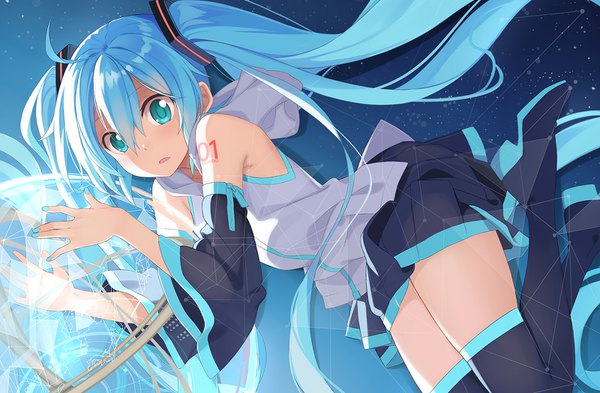 Anime picture 1600x1050 with vocaloid hatsune miku beek (artist) single long hair looking at viewer blush fringe open mouth hair between eyes twintails holding blue hair ahoge bent knee (knees) nail polish pleated skirt aqua eyes shaded face girl