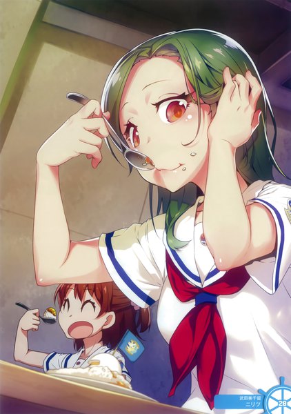 Anime picture 2698x3840 with high school fleet nilitsu long hair tall image looking at viewer highres short hair open mouth red eyes brown hair multiple girls eyes closed green hair scan official art eating girl 2 girls sailor suit