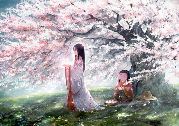Anime picture 1280x904 with kaguya-hime no monogatari studio ghibli menowarawa kaguya hime (kaguya-hime no monogatari) shirakaba long hair blush black hair multiple girls traditional clothes japanese clothes sunlight wide sleeves cherry blossoms floral print eating old woman girl 2 girls plant (plants)
