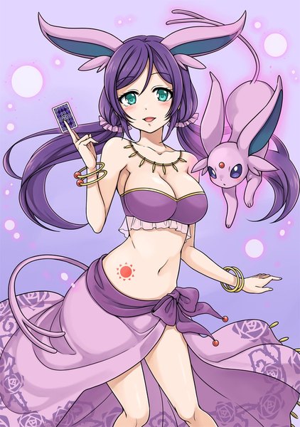 Anime picture 704x1000 with love live! school idol project pokemon sunrise (studio) love live! nintendo toujou nozomi espeon mono land single long hair tall image blush light erotic simple background twintails holding green eyes animal ears purple hair open clothes