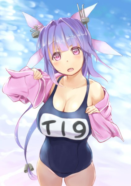 Anime picture 1223x1736 with kantai collection i-19 submarine wa (genryusui) single long hair tall image looking at viewer blush breasts open mouth light erotic large breasts blue hair sky cleavage cloud (clouds) ponytail pink eyes teeth fang (fangs)