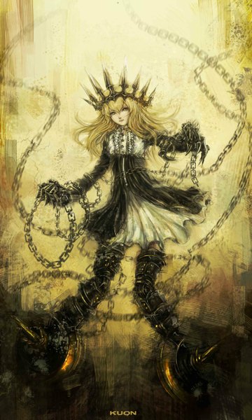 Anime picture 1024x1707 with black rock shooter chariot (black rock shooter) kuon (uzausa) single long hair tall image looking at viewer blonde hair yellow eyes inscription girl dress chain crown