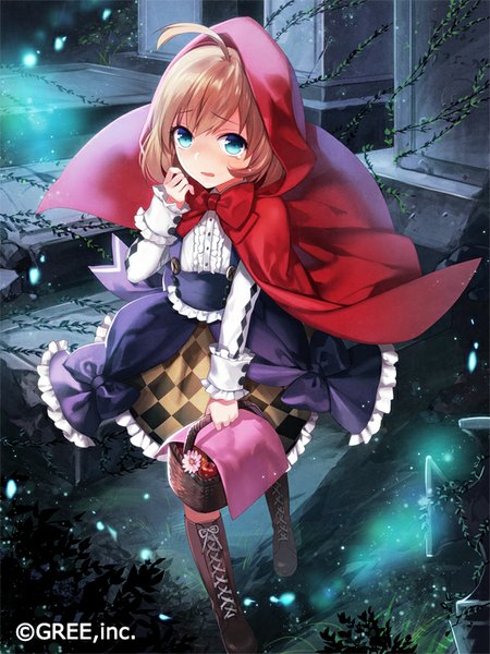 Anime picture 600x800 with little red riding hood little red riding hood (character) uhouho14 single tall image looking at viewer fringe short hair open mouth blue eyes brown hair holding ahoge wind night broken scared girl dress flower (flowers)