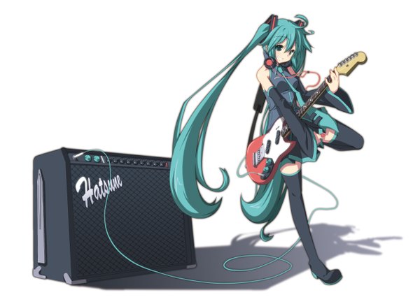 Anime picture 2618x1902 with vocaloid hatsune miku yuzuki kei single looking at viewer fringe highres simple background smile hair between eyes standing white background twintails green eyes ahoge very long hair green hair grin standing on one leg headphones around neck