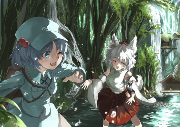 Anime picture 1300x919 with touhou inubashiri momiji kawashiro nitori rikkido open mouth blue eyes smile multiple girls animal ears blue hair silver hair eyes closed wolf ears river nature wolf tail waterfall girl skirt hair ornament