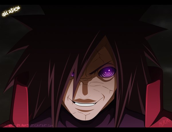 Anime picture 1600x1228 with naruto studio pierrot naruto (series) uchiha madara naruto999-by-roker single long hair black hair smile purple eyes grin coloring rinnegan boy armor