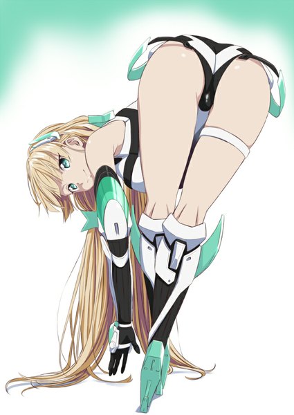 Anime picture 650x917 with expelled from paradise angela balzac saitoyu00 single long hair tall image blue eyes light erotic blonde hair ass girl gloves elbow gloves boots thigh boots bodysuit