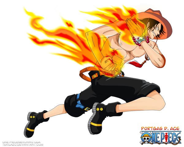 Anime picture 8571x6856 with one piece toei animation portgas d. ace tekilazo single highres short hair smile brown hair white background absurdres profile inscription grey eyes coloring magic muscle vector boy hat